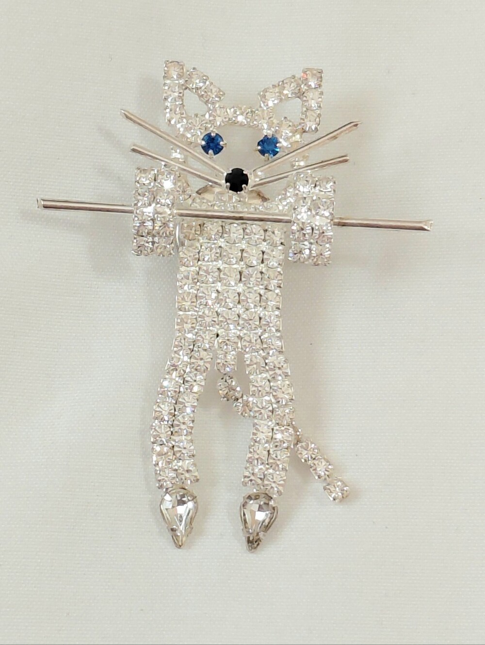 Silver Crystal Cat Brooch Pin HANG IN THERE